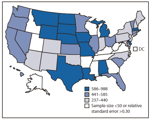 The figure shows rates of self-reported alcohol-impaired driving episodes among adults in the United States in 2010, according to the Behavioral Risk Factor Surveillance System. The Midwest Census region had the highest annual rate of alcohol-impaired driving episodes at 643 per 1,000 population, which was significantly higher than the rates in all other regions.